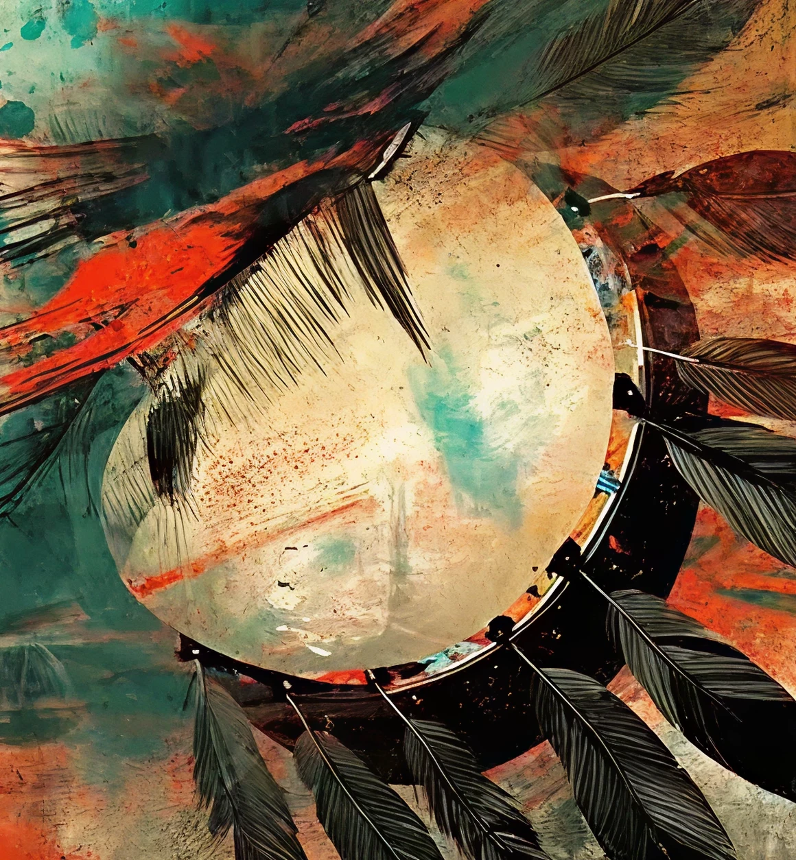 Colorful abstract art with feathers and drum