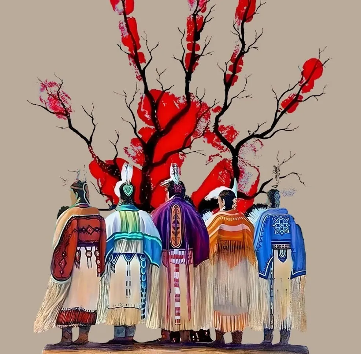 Cultural dress with vibrant tree art